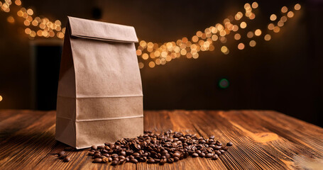 Coffee bag with coffee beans around it