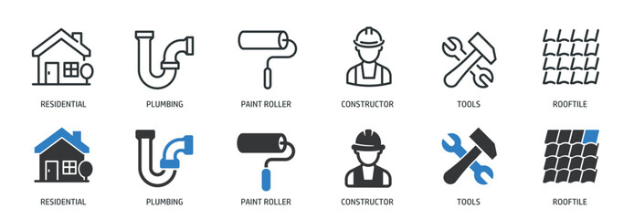Construction line and glyph solid icons collection. Minimal icon and symbol series vector illustration