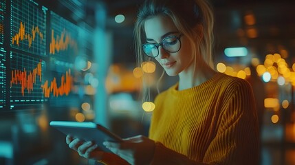 Business professionals reviewing marketing plans on a tablet, sleek office interior, engaged team collaboration, digital interface with graphs and statistics.