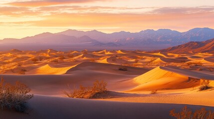 Naklejka premium Serene desert landscape at sunset, showcasing rolling dunes and distant mountains.