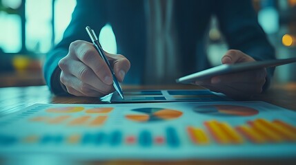 Team of professionals gathered around a tablet, reviewing marketing plans, modern and bright office, collaborative discussion, digital analytics displayed.