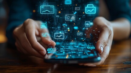 A person managing digital finances on a smartphone, with holographic banking and currency transfer icons floating above.