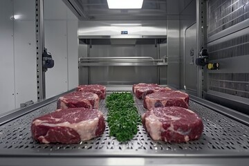 Raw Steaks on a Conveyor Belt in a Food Processing Facility