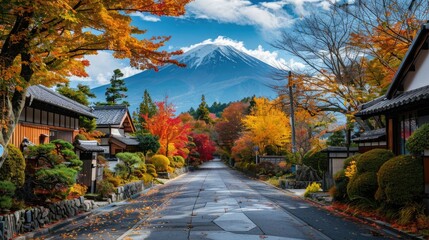 A clean quiet road in autumn pass through small countryside town with antique traditional japanese house on the way to Fuji mountain, Japan.
