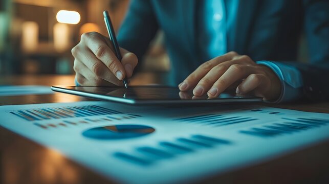 Marketing team analyzing digital plans on a tablet, guided by a business advisor in a stylish office, collaborative atmosphere, modern tech display.