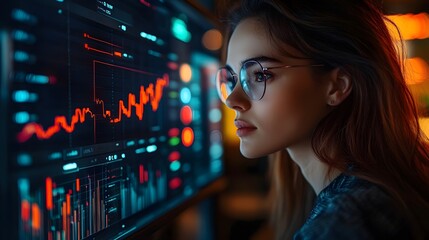 Businesswoman using a digital dashboard for analytics, sharp focus on data-driven insights, modern workspace, dynamic charts and graphs.