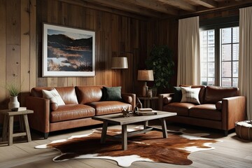 Rustic Living Room 3D Render Featuring Leather Couch Wooden Coffee Table and Animal Skin Rug in Cozy Apartment Design