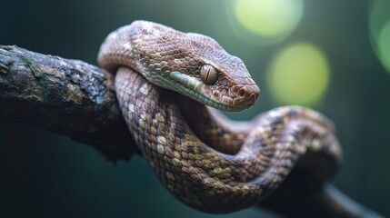 A close-up of a coiled snake resting on a branch, showcasing its scales and natural habitat.