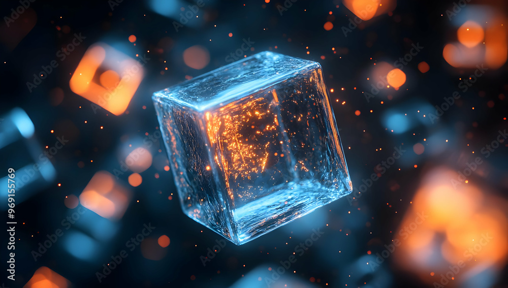 Poster a mesmerizing abstract image of a glowing cube in a vibrant atmosphere, showcasing floating particle