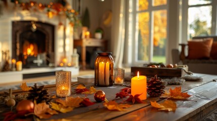 Cozy autumn ambiance with candles and leaves for a warm home feel