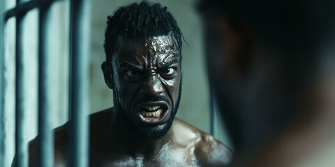 Angry man behind bars, face close up.