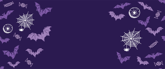 Halloween symbols, bat, candy, on black background, hand drawn illustrations	
