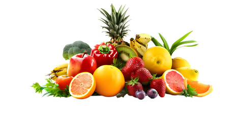 Mixed fruits and vegetables cut out transparent isolated on white background, PNG image