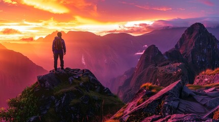 Fototapeta premium A person stands on a mountain peak, watching a breathtaking sunset. The sky is filled with vibrant colors of purple and orange.