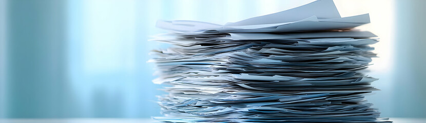 Obraz premium A close-up of a disorganized pile of papers stacked high, highlighting the chaos of paperwork in an office environment.