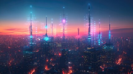 Obraz premium A futuristic cityscape with tall radio towers emitting glowing waves, symbolizing the role of radio in modern communication networks.