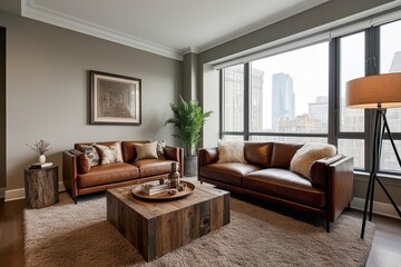 Stylish 3D Urban Apartment Design Featuring Chic Lounge Area Luxurious Leather Sofa Rustic Coffee Table and Cozy Plush Carpet