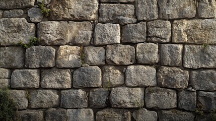 Obraz premium A close-up view of a textured stone wall with small plants growing between the stones.