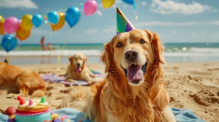 Happy golden retriever at a sunny beach party with colorful balloons and dogs, celebrating joy and friendship in nature.