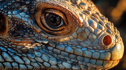 Close-up of a lizard's face showcasing intricate scales and vivid eye detail.