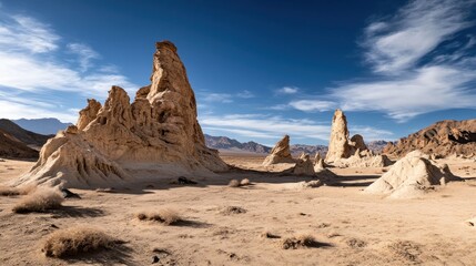 A barren landscape with unique rock formations under a clear blue sky.