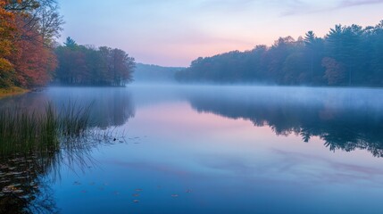 Fototapeta premium Serene lake scene at dawn with mist and autumn foliage reflecting on the water.