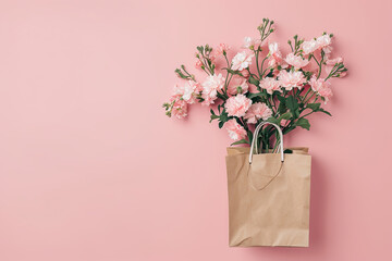 Obraz premium A minimal Spring and Summer concept, pastel paper craft bag full of fresh flowers. Sale, shopping and eco-friendly packaging concept.