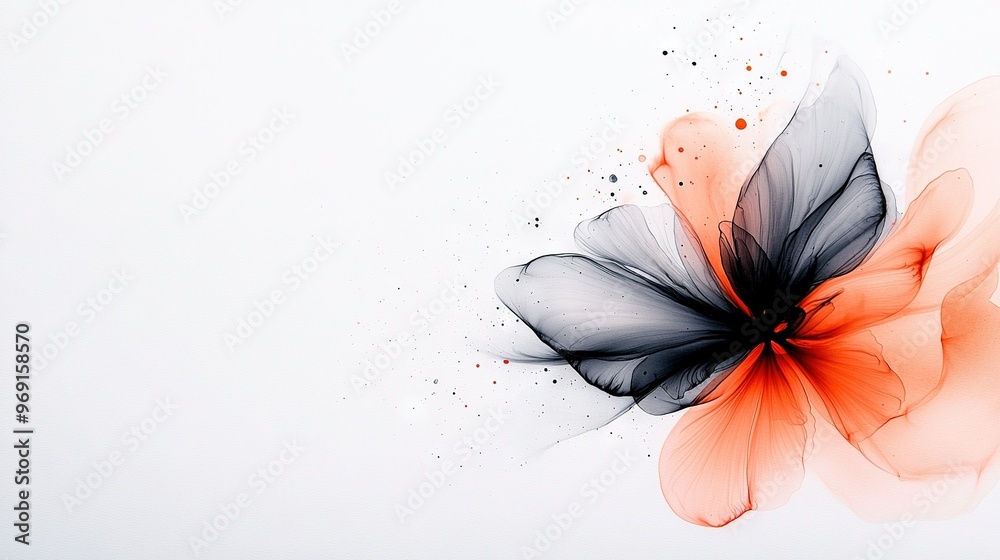 Poster orange and black petals on white background, with splashed paint