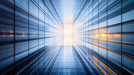 A perspective view of a modern glass building with light at the end of the corridor.