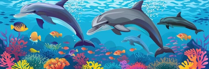 Fototapeta premium Playful dolphins swim gracefully in a vibrant underwater landscape filled with colorful coral and various tropical fish