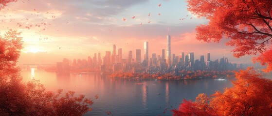 A Cityscape View with Red Leaves at Sunset