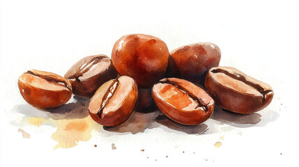 A handful of coffee beans painted with creative touch, showcasing their rich brown color and unique textures. This artistic representation captures essence of coffees warmth and aroma