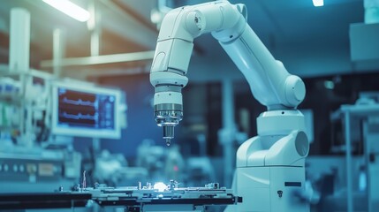 Futuristic robot-assisted surgeries with enhanced precision: A surgeon using a high-tech robotic arm to perform delicate procedures.
