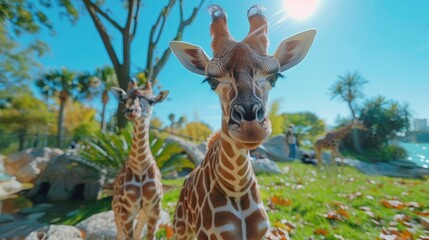 Obraz premium Close-up view of two young giraffes in a lush, sunny outdoor setting with palm trees and blue sky in the background