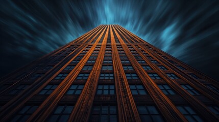 A towering building reaches towards a dramatic sky, showcasing architectural grandeur.