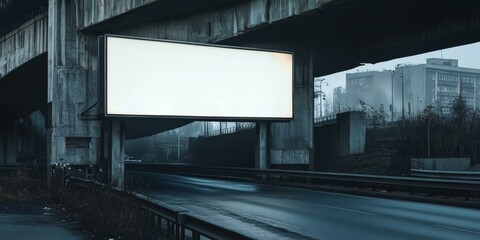 Blank billboard under a bridge overlooking a road.