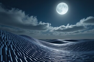Moonlit Sky 3D Render of Textured Geometric Wave Patterns