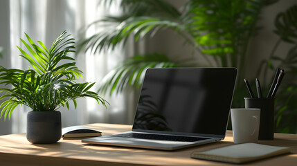 Vibrant Image of a Minimalist Workspace with a Laptop and Green Plant