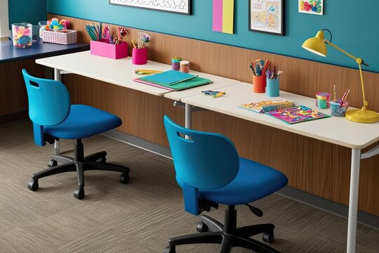3D Visual of a Productive Study Area Featuring Work Desk Adjustable Chair and Vibrant Craft Supplies in Learning Space