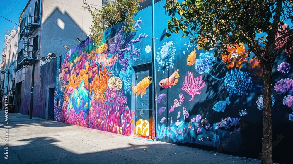 Poster A vibrant mural depicting underwater life with colorful fish and coral on a city wall.