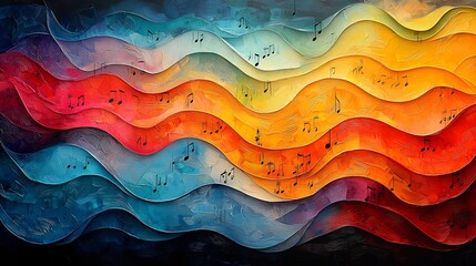 Semiabstract interpretation of music notes floating through colorful waves creating a visual representation of sound and rhythm