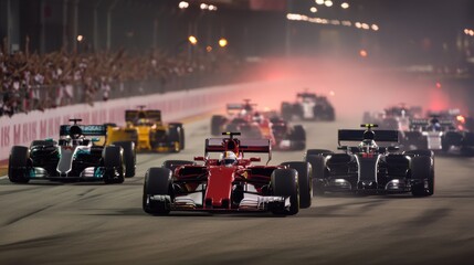 Formula 1 race event at night, with multiple cars speeding down the track under bright lights.