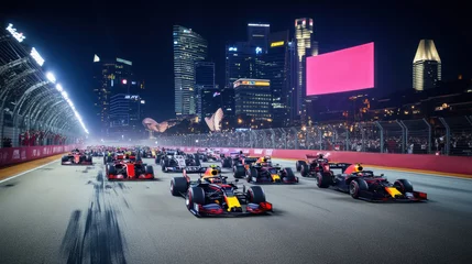 Rolgordijnen zonder boren Formula 1 cars race through a city street circuit at night, with skyscrapers and bright lights of city in the background. © master1305