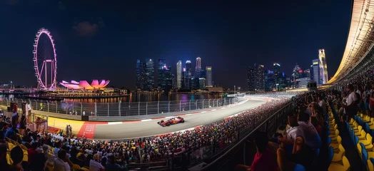  Panoramic image of vibrant nighttime scene of a Formula 1 race in a city setting. Tribune of spectators watching race event. © master1305
