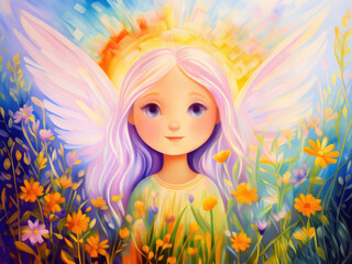 Angel and flowers in sunshine. Spiritual art painting,