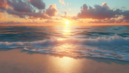 Fototapeta premium A serene sunset over a calm ocean, with gentle waves lapping at a sandy beach, creating a tranquil and picturesque scene.