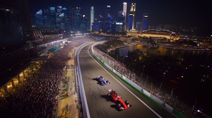 Atmosphere of Singapore Grand Prix, Formula 1 race held at night. Skyline, illuminated by vibrant lights, racing cars speed through the city streets