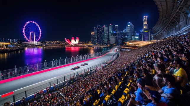 Panoramic image of vibrant nighttime scene of a Formula 1 race in a city setting. Tribune of spectators watching race event