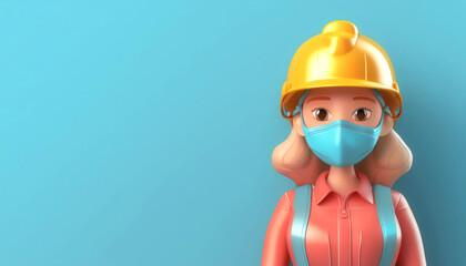 A cartoon woman wearing a yellow hard hat and blue mask, symbolizing safety and health in the workplace.