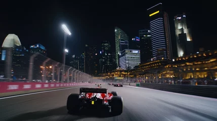 Rolgordijnen zonder boren Formula 1 car speeds through city street circuit at night, with illuminated Singapore skyline towering in the background. © master1305
